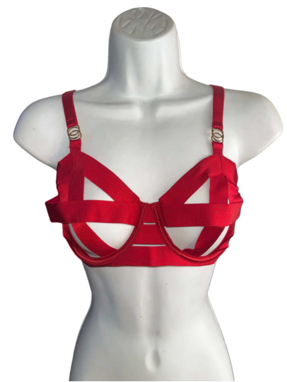 Victoria’s Secret Very Sexy Red Satin Strappy Cutout Bra 32DD/E70 Gold Ring Hard